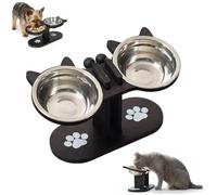 Anti-Slip Elevated 3-Bowl Pet Feeder, 15° Tilted Adjustable Height Raised Pet Food and Water Station with 3 Stainless Steel Bowls and Wooden Stand for Dogs Cats (Black,2-Bowl)