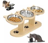 Anti-Slip Elevated 3-Bowl Pet Feeder, 15° Tilted Adjustable Height Raised Pet Food and Water Station with 3 Stainless Steel Bowls and Wooden Stand for Dogs Cats (Natural Wood,3-Bowl)