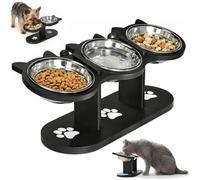 Anti-Slip Elevated 3-Bowl Pet Feeder, 15° Tilted Adjustable Height Raised Pet Food and Water Station with 3 Stainless Steel Bowls and Wooden Stand for Dogs Cats (Black,3-Bowl)