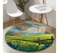 Antideslizante Alfombra Redonda 120 cm Lavable en la Lavadora, Pastoral Pradera Cielo Azul Tema Súper Suave Alfombra Redond, Verde No es Fácil Desvanecerse Decoración Sofá Guardería