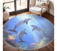 Antideslizante Alfombra Redonda DelfíN OceáNico En Acuarela para Exterior Interior de 120cm, Grande Alfombra Redonda Marina de Guerra Pelo Corto Antiincrustante Lavable para Área de Juegos Niños