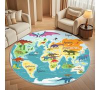 Antideslizante Alfombra Redonda Mapa Del Mundo de Dibujos Animados de Dinosaurios para Exterior Interior de 80cm, Grande Alfombra Redonda Multicolor Pelo Corto Lavable para Área de Juegos Niños