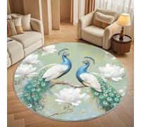 Antideslizante Alfombra Redonda PatróN de Pavo Real para Exterior Interior de 120cm, Grande Alfombra Redonda Pintura Al óLeo de Estilo Chino Pelo Corto Lavable para Área de Juegos Niños