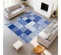 Antideslizante retro tablero de ajedrez lavable Tapiss Patchwork geométrico, soporte de TPR alfombra azul blanco rayas puntos, alfombra 120 x 180 cm para sala de estar, dormitorio, oficina