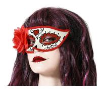 Antifaz Blanco Con Detalles Rojos Y Flor Lateral Para Disfraz De Catrina - Día de los Muertos - Complemento Elegancia y Simbolismo Mexicano