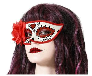 Antifaz Blanco Con Detalles Rojos Y Flor Lateral Para Disfraz De Catrina - Día de los Muertos - Complemento Elegancia y Simbolismo Mexicano