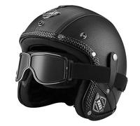 Antiguo 3/4 Casco Abierto, Adulto Hombres Mujer Retro Harley Motocicleta Medio Casco, Cuero PU Chocar Cascos con Mirada Sorprendida, para Scooter Ciclomotor Monopatín Helicóptero(Black 1,XXL/63-64cm)