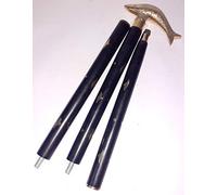 Antiguo 3 veces diseñador latón mango de pescado estilo madera plegable negro Bastones vintage