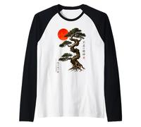 Antiguo Bonsái Árbol Rojo Sol WABI Sabi Zen Arte Japonés Camiseta Manga Raglan