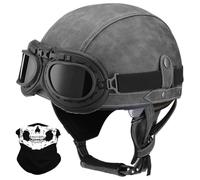 Antiguo Motocicleta Cara Abierta Casco, Estilo Alemán Cuero PU Medio Casco, ECE/Dot Aprobar Adulto Hombres Mujer Moto Chocar Cascos con Gafas, para Bicicleta Crucero Scooter(K16,L/59-60cm)