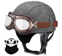 Antiguo Motocicleta Cara Abierta Casco, Estilo Alemán Cuero PU Medio Casco, ECE/Dot Aprobar Adulto Hombres Mujer Moto Chocar Cascos con Gafas, para Bicicleta Crucero Scooter(K15,L/59-60cm)