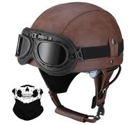 Antiguo Motocicleta Cara Abierta Casco, Estilo Alemán Cuero PU Medio Casco, ECE/Dot Aprobar Adulto Hombres Mujer Moto Chocar Cascos con Gafas, para Bicicleta Crucero Scooter(K4,M/57-58cm)