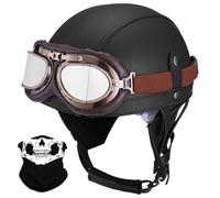 Antiguo Motocicleta Cara Abierta Casco, Estilo Alemán Cuero PU Medio Casco, ECE/Dot Aprobar Adulto Hombres Mujer Moto Chocar Cascos con Gafas, para Bicicleta Crucero Scooter(K13,L/59-60cm)