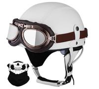 Antiguo Motocicleta Cara Abierta Casco, Estilo Alemán Cuero PU Medio Casco, ECE/Dot Aprobar Adulto Hombres Mujer Moto Chocar Cascos con Gafas, para Bicicleta Crucero Scooter(K7,L/59-60cm)