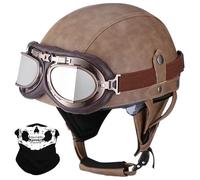 Antiguo Motocicleta Cara Abierta Casco, Estilo Alemán Cuero PU Medio Casco, ECE/Dot Aprobar Adulto Hombres Mujer Moto Chocar Cascos con Gafas, para Bicicleta Crucero Scooter(K1,XL/61-62cm)