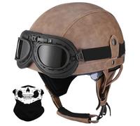 Antiguo Motocicleta Cara Abierta Casco, Estilo Alemán Cuero PU Medio Casco, ECE/Dot Aprobar Adulto Hombres Mujer Moto Chocar Cascos con Gafas, para Bicicleta Crucero Scooter(K2,XL/61-62cm)