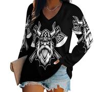 Antiguos Vikingos Camiseta Mujer Manga Larga, Corte Holgado con V Escote Elegante Sencillo, Camiseta Básica Manga Larga Negro Suave Y Cómoda Día A Día XL