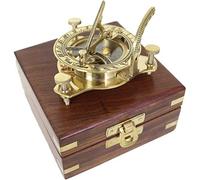 Antik 2000 Brújula náutica funcional de latón con reloj solar en elegante caja de madera