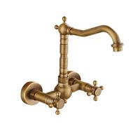 Antique All-Copper in-Wall Hot and Cold Basin Faucet Wall-Mounted Wall-Mounted Double-Handle washbasin Faucet, Antique Flat Bottom High Model