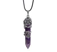 Antique Silver Color Flower Wire Wrapped Hexagon Prism Point Stone Pendant Necklace For Women Ladies,Amethyst