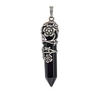 Antique Silver Color Flower Wire Wrapped Hexagon Prism Point Stone Pendant Necklace For Women Ladies,black Agate Necklace