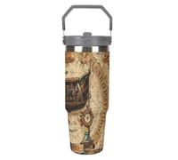Antique Treasure Map - Vaso de 880 ml con popote, taza de viaje de acero inoxidable aislada con diseño de asa, taza de café al vacío de doble pared, tapa a prueba de fugas, mantiene las bebidas