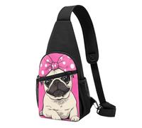 Antirrobo Bolso Pecho Lindo perro pug de dibujos animados rosa Mochila Bandolera Poliéster Mochila Pecho para Viajes Tactica Senderismo