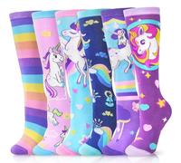ANTSANG Calcetines Altos Hasta la Rodilla Para Niñas Largos Para Botas Locos Tontos Divertidos Regalo con Estampados de Animales Bonitos Para Niños 6 Pares(Unicornio Arcoíris,26-38)