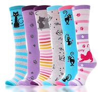 ANTSANG Calcetines Altos Hasta la Rodilla Para Niñas Largos Para Botas Locos Tontos Divertidos Regalo con Estampados de Animales Bonitos Para Niños 6 Pares(Gato L, 26-38)