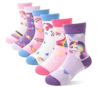 ANTSANG Calcetines Peludos Antideslizantes con Agarre para Niñas y Bebés Pequeños Calentitos Cómodos de Casa de Media Caña 6 Pares(Unicornio,26-29)