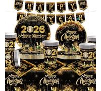 Antsparty 2026 Vajilla de fiesta de Nochevieja para 20 invitados, 82 piezas de vajilla de fiesta de Año Nuevo con platos de papel vasos de papel, servilletas, mantel, pancartas, Happy New Year 2026