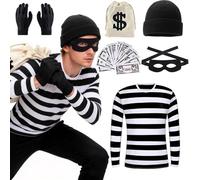 Antsparty Disfraz de depredador para hombre y mujer, disfraz de carnaval de ladrones, juego con camiseta, máscara de ojos, gorro, guantes, bolsillos, disfraz de ladrón para