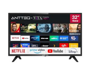 Antteq AV32 Smart TV 32 Pulgadas (80 cm) Televisores con Netflix, Prime Video, Rakuten TV, Disney+, Youtube, WiFi, Triple sintonizador DVB-T2/S2/C, Dolby Audio