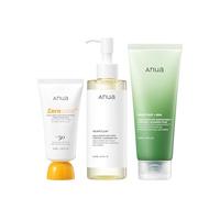 Anua After sun care trio set, Heartleaf Cleansing Foam+ Zero-Cast Moisturizing Finish Sunscreen, Heartleaf Pore Control Cleansing Oil, Face wash, Oil Cleanser, Facial sunscreen, Korean skincare set