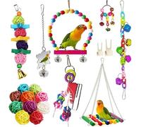 ANUBE 8 piezas de juguetes para loros de pájaros, campana colgante de madera natural para mascotas, jaula de pájaros, hamaca, escalada, escaleras de madera, espejo de perca, juguete para masticar para