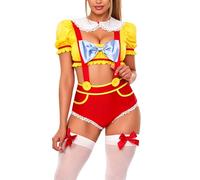 Anuedgis Disfraz de cuento de hadas para mujer, 2 piezas con temática de cuento de hadas, cuello de Peter Pan amarillo y rojo, manga abombada y pantalones cortos con tirantes para fiesta de cosplay de