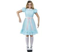 Anuedgis Disfraz espeluznante de hermana gemela para mujer, manga abombada azul claro con cinta rosa en la cintura, disfraz de terror para Halloween (A-azul, L)