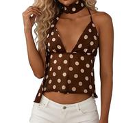 Anuedgis Y2K - Camiseta corta de malla con lunares para mujer, cuello en V, espalda descubierta, para verano, salir de calle, B-marrón, L