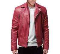 ANUFER Hombre Cool Brando Chaqueta Motera Cuero PU Cremallera Cruzada Motocicleta Ropa Exterior Bomber SN0710140 Borgoña L