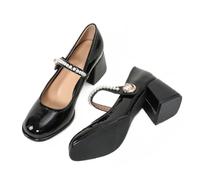 ANUFER Mujer Retro Tacón de Bloque Medio Mary Janes Charol Hebilla de Perlas Zapatos de Vestir SD5A1228 Negro EU38