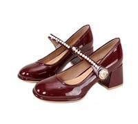 ANUFER Mujer Retro Tacón de Bloque Medio Mary Janes Charol Hebilla de Perlas Zapatos de Vestir SD5A1228 Borgoña EU36
