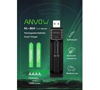ANVOW Smart AAAA Cargador de batería con 2 contadores Baterías AAAA Recargables - Ni-MH 1.2V 400mAh 1200 Ciclos Surface Pen Active Stylus Rechargables Batería