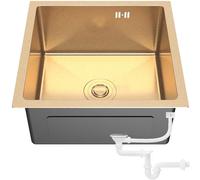 ANW HOME Fregadero Cocina Acero Inoxidable Fregadero Bajo Encimera 1 Seno 44x44 cm Oro PVD con Recubrimiento Nano, Grosor 3.0+1 mm, con Sifón