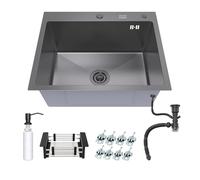 ANW HOME Fregadero Cocina Negro 55x43 cm Acero Inoxidable 1 Seno Encastrable - Cuba Profunda 22 cm, Nano Black, con Sifón, Dispensador de Jabón y Cesta Escurridora - Resistente a Arañazos