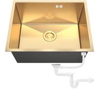 ANW HOME Fregadero de Cocina Empotrado Oro 54x44 cm con Sifón, Colador & Sistema de Rebosadero, Fregadero Sencillo Sobremonte Acero Inoxidable 304