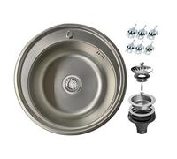 ANW HOME Fregadero de cocina redondo Ø51 cm satinado con sifón, fregadero de cocina de acero inoxidable con agujero para grifo, fregadero empotrado de acero inoxidable, pequeños fregaderos de cocina