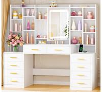 ANWBROAD 150cm Tocador de Maquillaje con Luz LED Regulables y Espejo Grande Tocador 10 Cajones,Iluminación de 3 Colores, Mesa de Maquillaje con 15 Estantes Abiertos 5 Ganchos para Joyas Blanco BDT17W