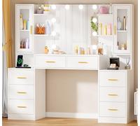 ANWBROAD Grande Tocador de Maquillaje con Iluminación LED Ajustable en 3 Colores y Enchufes Tocador Blanco Moderno con Espejo 8 Cajones 150x135x40cm BDT67W