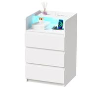 ANWBROAD Mesita de Noche con Enchufes Integrados,Mesilla de Noche con Tira de Luces LED,3 Cajones 1 Compartimento,Mesita de Noche Moderna para Dormitorios Salones (1, Blanco) BNS004W