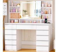 ANWBROAD Tocador con iluminación LED y Espejo, 3 Colores, Gran tocador con enchufes eléctricos, 11 cajones, Espejo agrandador 10x, contenedor para Joyas, 3 Colores de luz, Blanco BDT99X